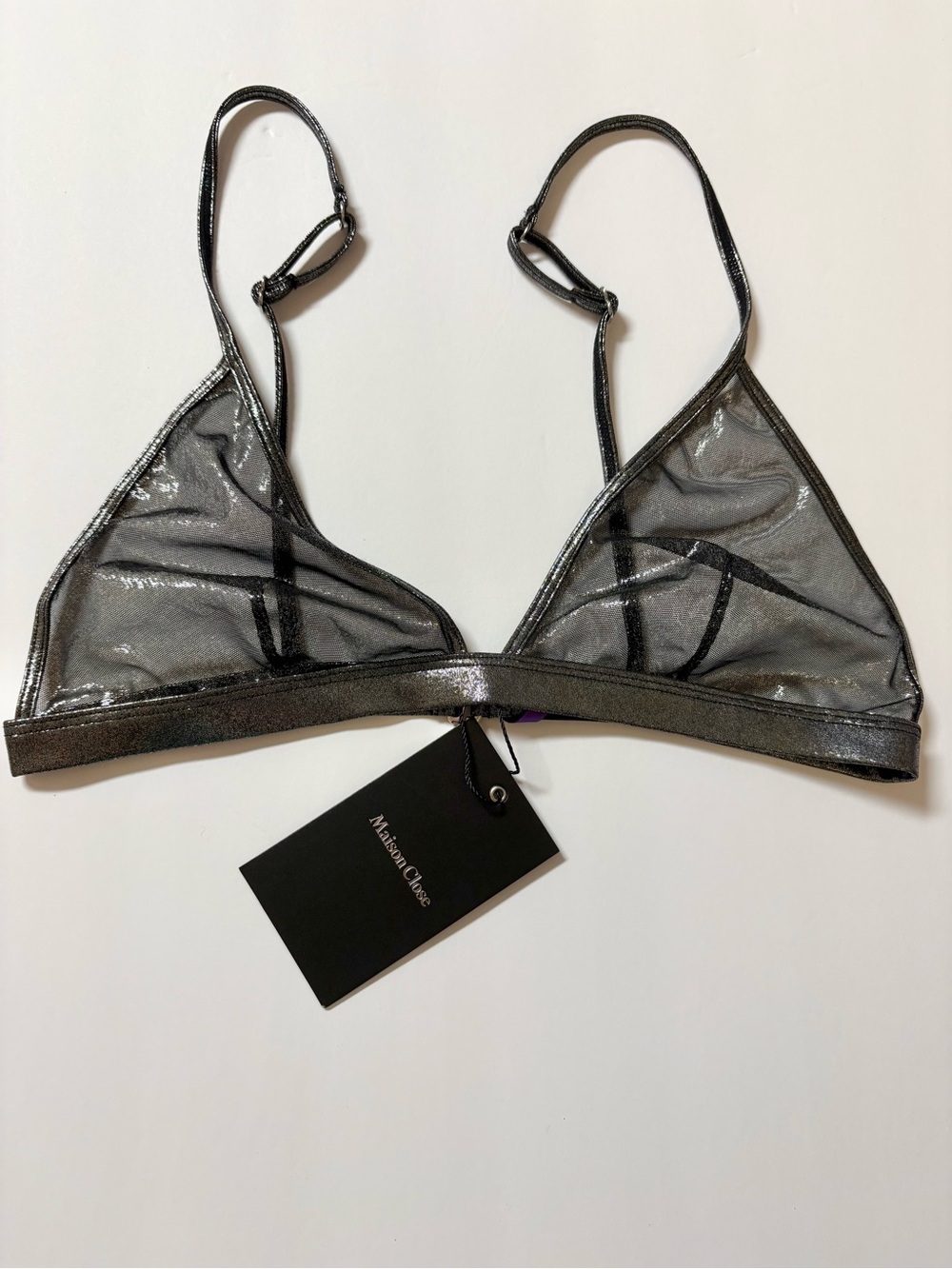 Madison Close Metallic Sheer Triangle Bralette — Silver/Black L/8
